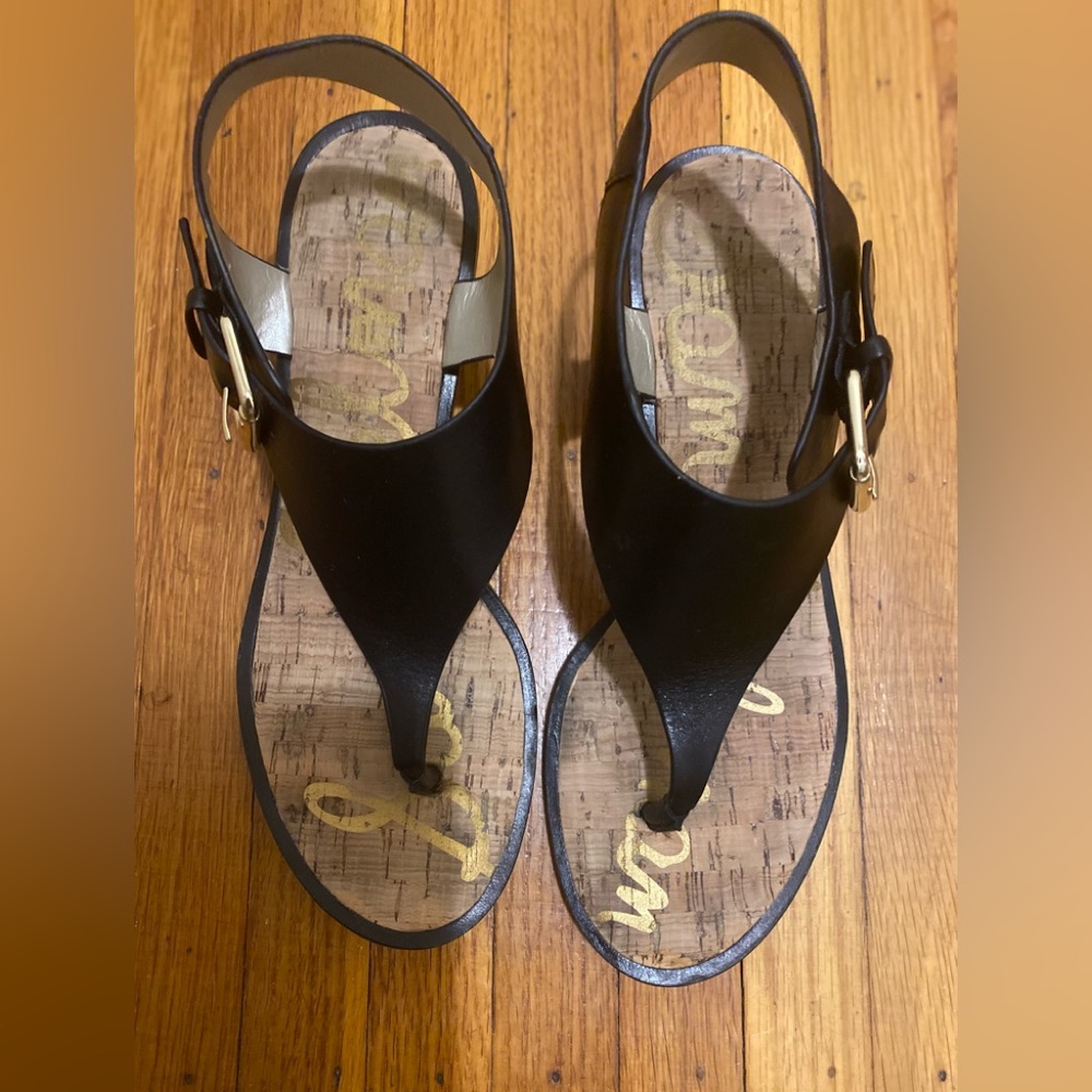 Sam Edelman black leather sandals with gold heel - Picture 2 of 6